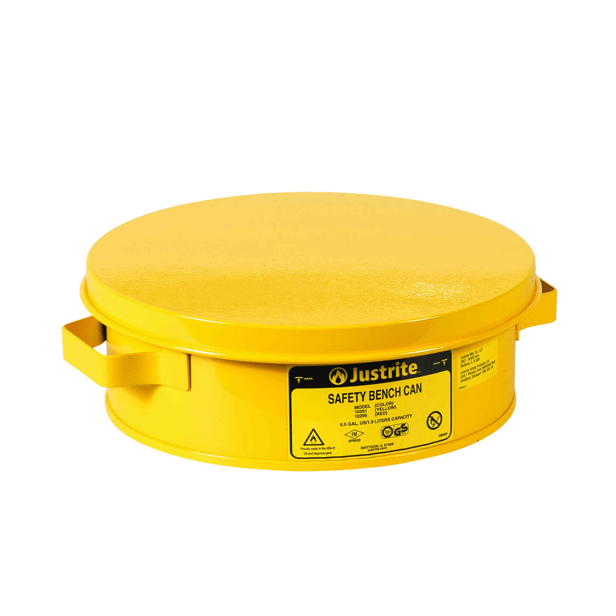 Justrite Steel Bench Can — 2 Quarts, Perforated Dasher Plate, Yellow, Model# 10291
